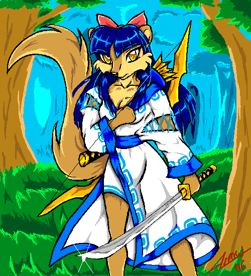 black_nose blue_hair female hair mammal mongoose solo sword weapon