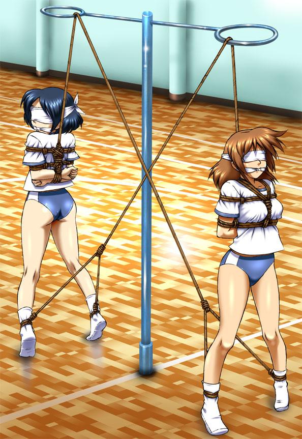 2girls bdsm blindfold bondage buruma cleavegag daikinbakuju gag gym_uniform hanging rope