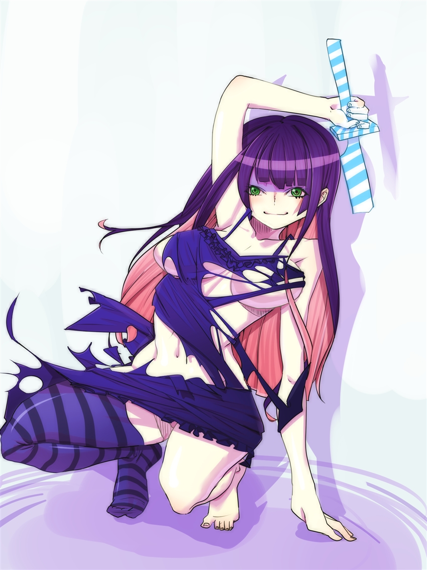 breasts cleavage no_bra no_panties panty_&amp;_stocking_with_garterbelt smile stocking_(character) stocking_(psg) sword torn_clothes weapon