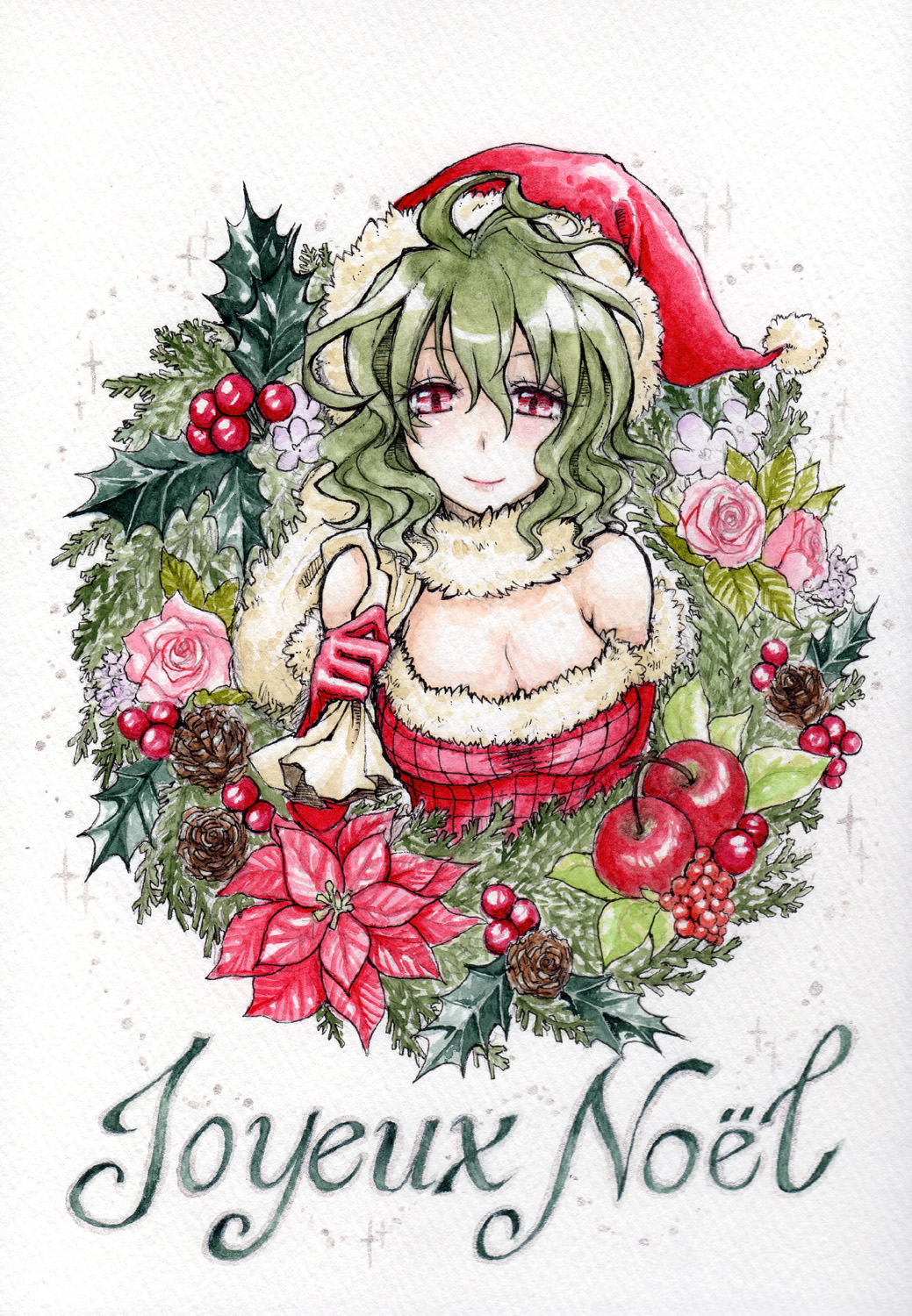 adapted_costume ahoge bare_shoulders berries breasts christmas cleavage elbow_gloves flower french gloves green_hair hat highres holly kazami_yuuka light_smile lips looking_at_viewer medium_breasts merry_christmas messy_hair pinecone pink_flower pink_rose plaid poinsettia red_eyes red_gloves rose sack sakurai_haruto santa_costume santa_hat short_hair simple_background smile solo touhou translated upper_body wavy_hair white_background wreath