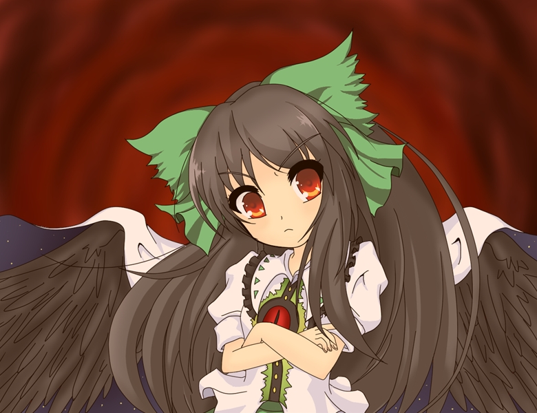 bow brown_hair can't_be_this_cute cape crossed_arms green_bow hair_bow kumatoshi long_hair orange_eyes red_eyes reiuji_utsuho solo touhou wings