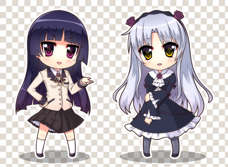 angel_beats! bad_id bad_pixiv_id black_hair blazer blue_hair checkered checkered_background chibi cosplay costume_switch crossover gokou_ruri gokou_ruri_(cosplay) gothic_lolita hanazawa_kana jacket lolita_fashion long_hair multiple_girls neon_(neonknight) ore_no_imouto_ga_konna_ni_kawaii_wake_ga_nai pantyhose red_eyes school_uniform seiyuu_connection tenshi_(angel_beats!) tenshi_(angel_beats!)_(cosplay) yellow_eyes