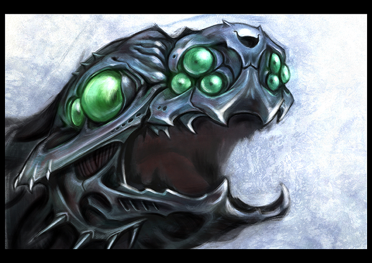 bad_id bad_pixiv_id border carapace close-up compound_eyes green_eyes jigoku_shouji monster no_humans open_mouth original science_fiction solo
