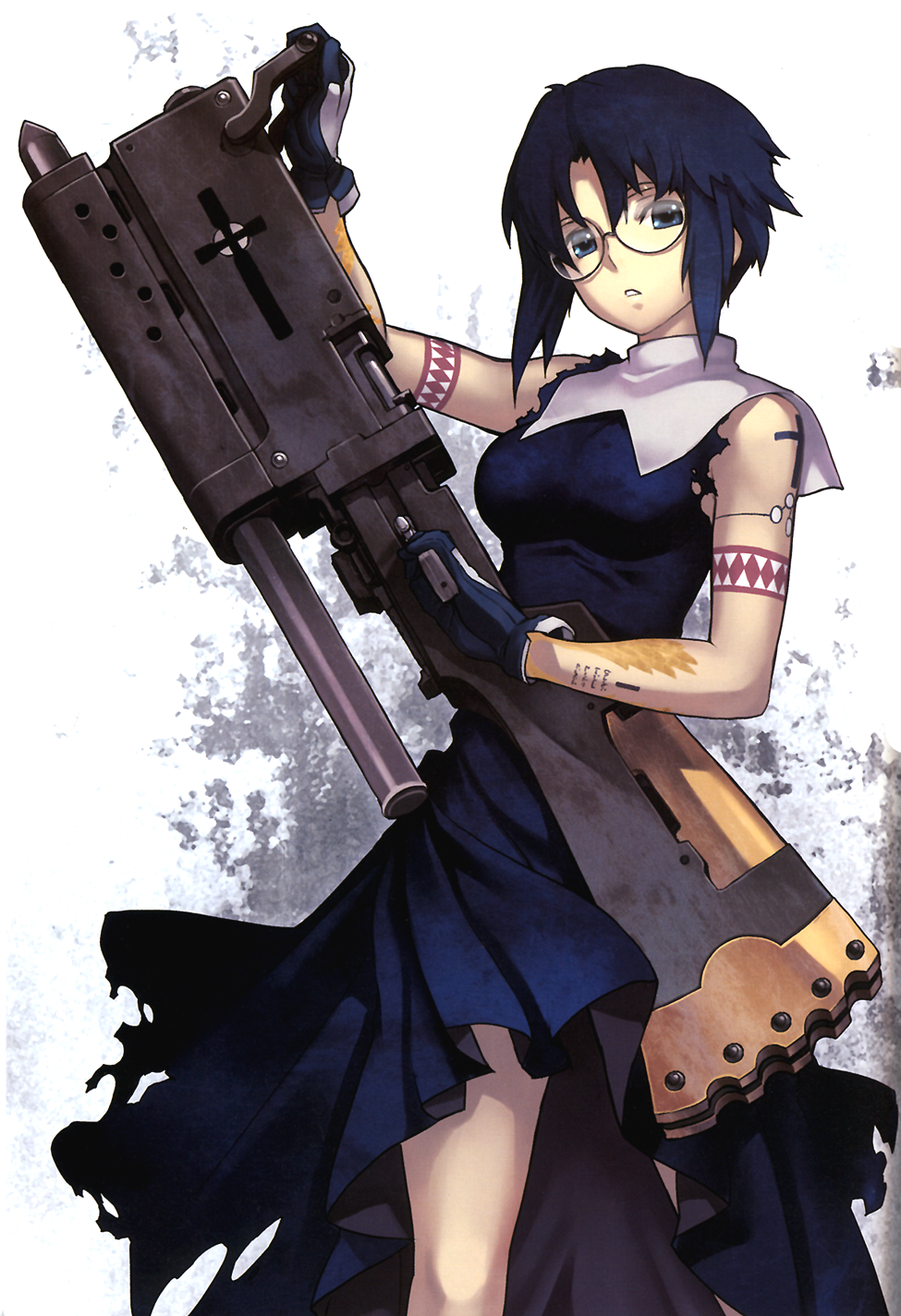 blue_eyes blue_hair ciel cross glasses habit highres huge_weapon nagi_ryou nun pile_bunker robe seventh_holy_scripture short_hair solo tattoo torn_clothes tsukihime weapon
