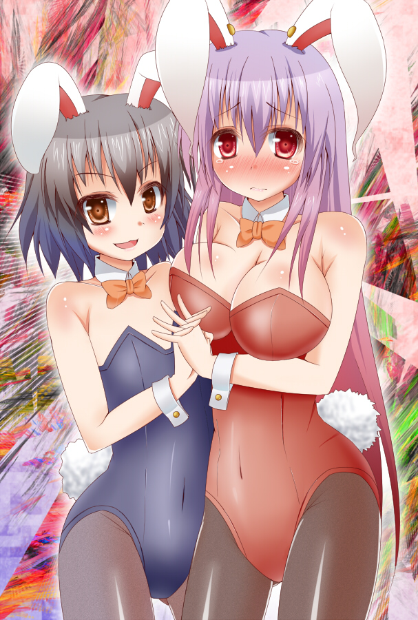 animal_ears bare_shoulders black_hair blush breasts brown_eyes bunny_ears bunny_tail bunnysuit choker cleavage embarrassed flat_chest holding_hands inaba_tewi large_breasts long_hair megawatt multiple_girls pantyhose purple_hair red_eyes reisen_udongein_inaba tail touhou very_long_hair wrist_cuffs