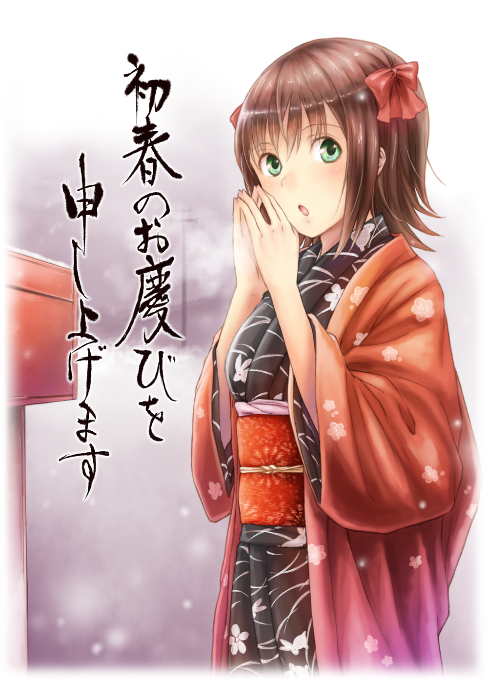 amami_haruka brown_hair green_eyes haori highres idolmaster idolmaster_(classic) japanese_clothes kimono new_year obi praying sash short_hair snow solo translated winter winter_clothes yakusa