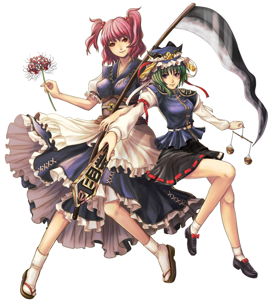 breasts cleavage flower green_hair hair_bobbles hair_ornament large_breasts medium_breasts multiple_girls natsume_k onozuka_komachi red_eyes red_hair rod_of_remorse scythe shiki_eiki short_hair spider_lily touhou weighing_scale