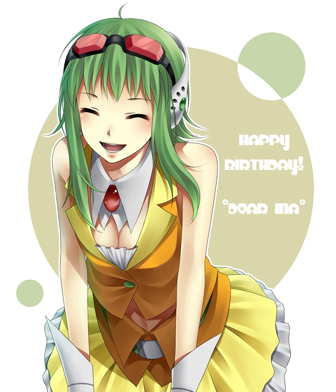 bad_id bad_pixiv_id closed_eyes goggles goggles_on_head green_hair gumi hinase_kanoto leaning_forward smile solo vocaloid