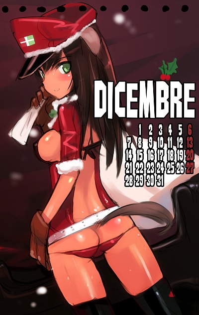 animal_ears ass brown_gloves brown_hair bustier calendar_(medium) christmas federica_n_doglio gloves green_eyes hat italian panties red_panties revealing_clothes sack santa_costume shimada_fumikane solo tail thighhighs underwear world_witches_series