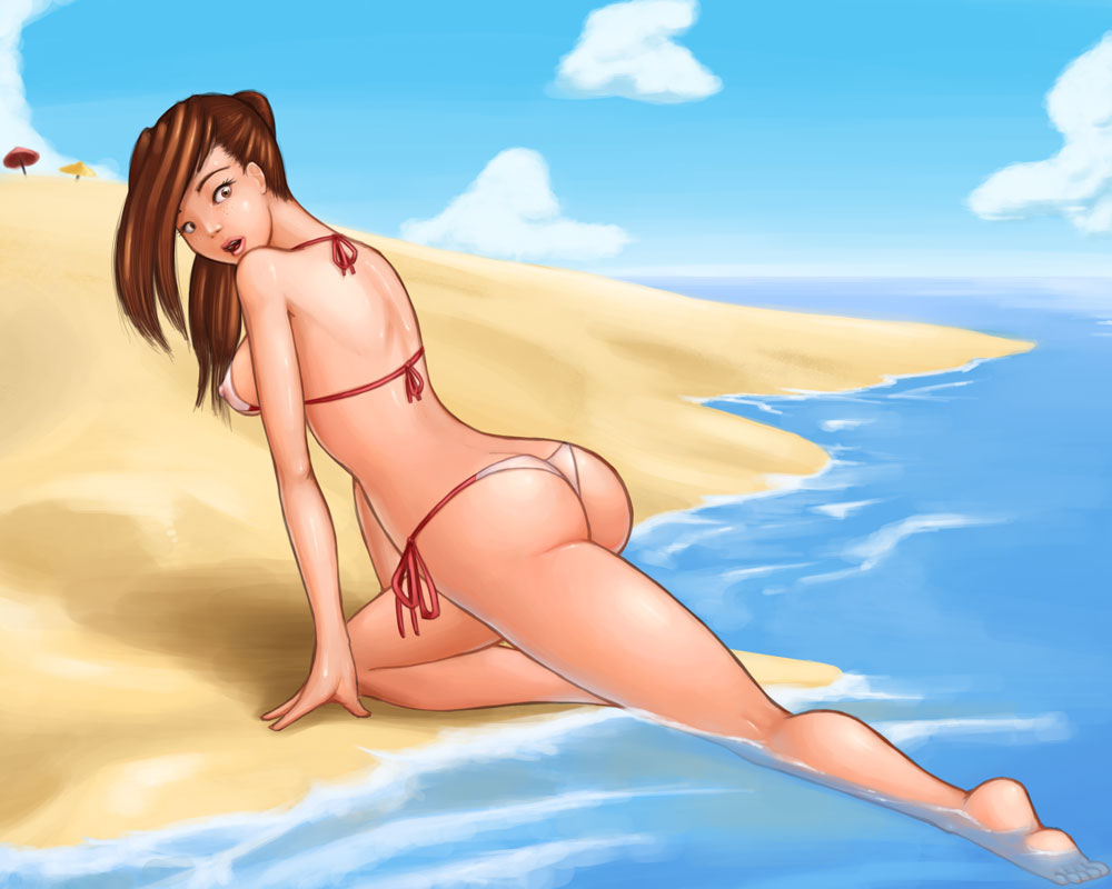 beach big_butt bikini breasts brown_eyes brown_hair butt clothed clothing drgraevling female from_behind hair human long mammal not_furry pinup pose seaside skimpy solo swimsuit tight_clothing water wet