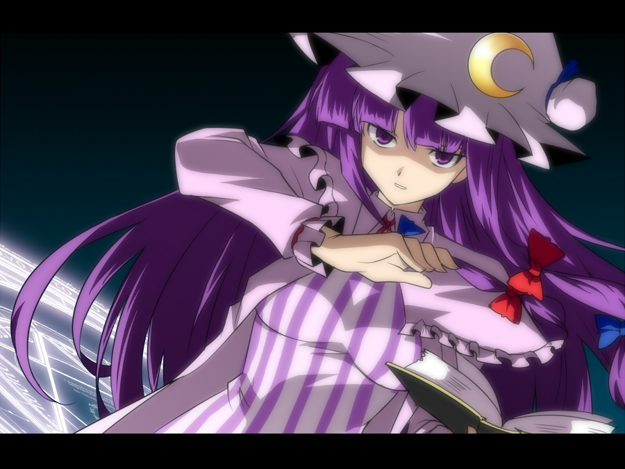 book crescent dutch_angle hat jitome kasu_kazu letterboxed long_hair magic_circle open_book patchouli_knowledge purple_eyes purple_hair serious shaded_face solo staring touhou