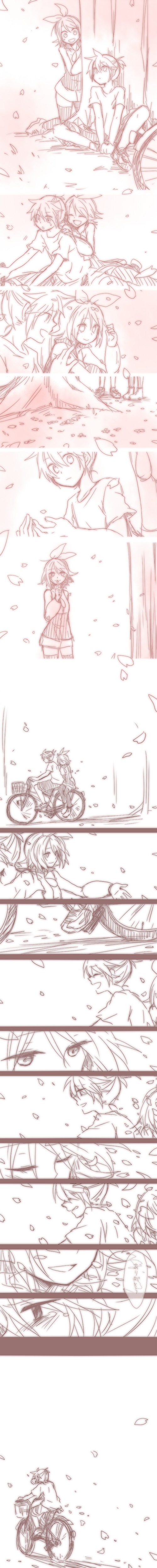 1girl absurdres bad_id bad_pixiv_id bicycle brother_and_sister cherry_blossoms comic dress finger_to_mouth ground_vehicle highres kagamine_len kagamine_rin long_image monochrome pink ribbon ryou_(fallxalice) short_hair shushing siblings tall_image translated twins vocaloid