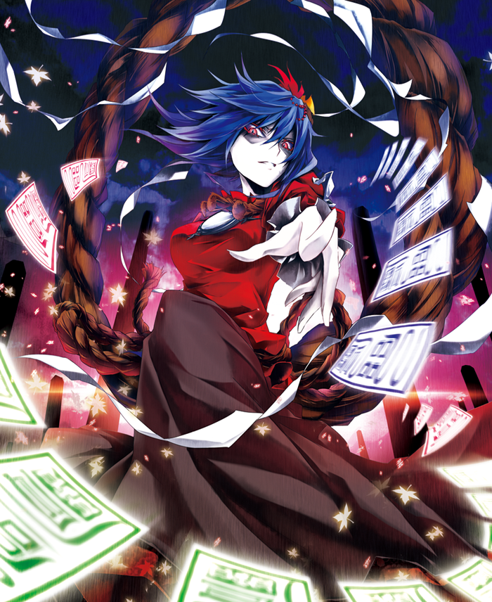 blue_hair kanaria_(fuusenkazura) leaf looking_at_viewer ofuda onbashira parted_lips pointing purple_hair red_eyes rope shimenawa short_hair slit_pupils solo touhou white_skin yasaka_kanako