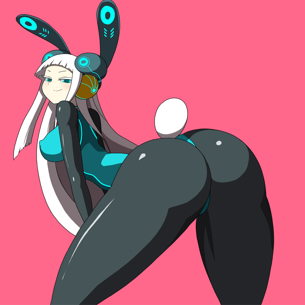 animal_ears arched_back ass bangs bent_over blonde_hair blue_leotard blunt_bangs breasts bunny_ears bunny_tail covered_nipples electro_emilia from_behind impossible_clothes ken_(koala) large_breasts leotard long_hair looking_back neon_trim original pantyhose ringed_eyes simple_background smug solo tail