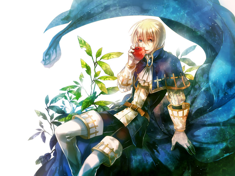 apple bad_id bad_pixiv_id bangs belt blonde_hair blue_eyes boots brooch cravat cross_print eating eyebrows_visible_through_hair feet_out_of_frame food fruit gloves hair_between_eyes holding holding_food holding_fruit jewelry leaning_back light_particles light_smile long_sleeves looking_at_viewer male_focus marchen noki_(affabile) plant sitting solo sound_horizon tettere thigh_boots thighhighs white_background white_footwear