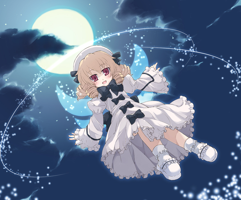 :d bad_id bad_pixiv_id blonde_hair dress drill_hair fairy from_below full_moon hat luna_child moon open_mouth red_eyes ribbon sky slippers smile solo touhou umizono wings