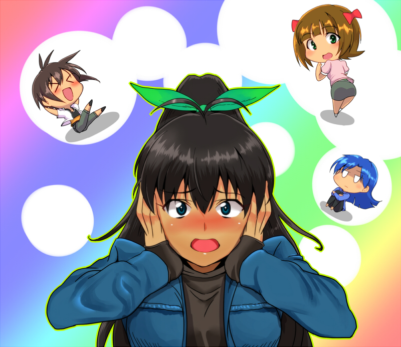 &gt;_&lt; amami_haruka antenna_hair bad_id bad_pixiv_id black_hair blue_hair blush bow brown_hair chibi closed_eyes ganaha_hibiki green_eyes hair_bow hands_on_own_face idolmaster idolmaster_(classic) jacket kikuchi_makoto kisaragi_chihaya leg_hug long_hair looking_back midriff multiple_girls open_mouth short_hair sleeves_past_wrists youhei_(testament)