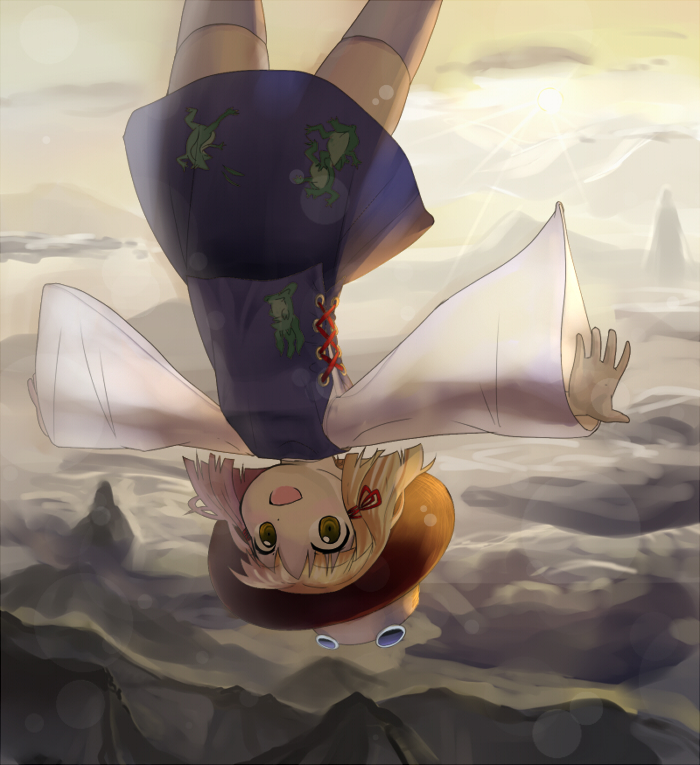 :d bad_id bad_pixiv_id blonde_hair falling hat looking_at_viewer moriya_suwako mountain open_mouth outstretched_arms see-through smile solo spread_arms thighhighs tottema touhou upside-down yellow_eyes