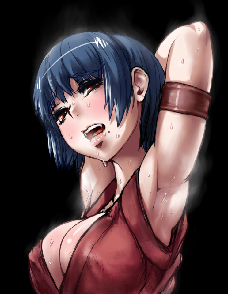 arm_up armlet armpits blue_hair blush breasts cleavage japanese_clothes large_breasts mole mole_under_mouth open_mouth original red_eyes sgk short_hair simple_background solo steam steaming_body sweat