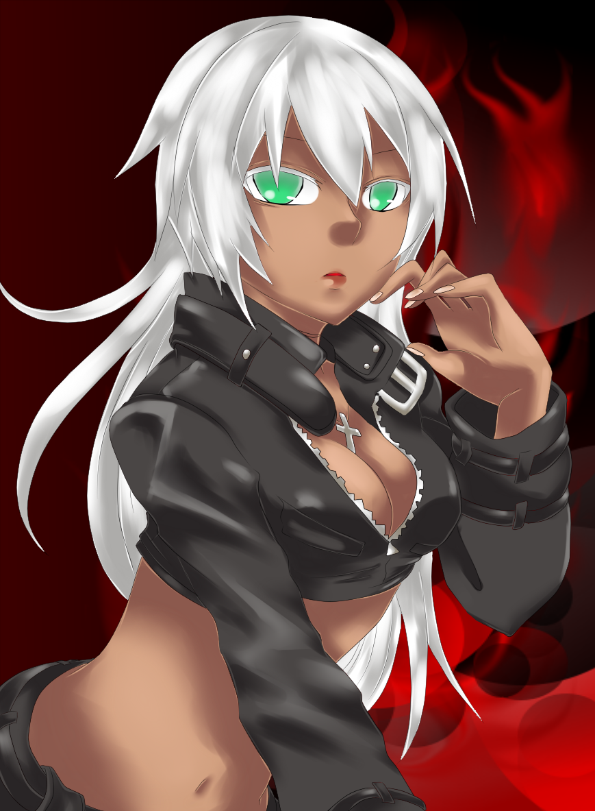 bent_over breasts cleavage cross dark_skin genderswap green_eyes jacket k k' king_of_fighters kof large_breasts long_hair m.u.g.e.n makeup midnight_bliss mugen_(game) navel open_clothes open_mouth open_shirt pixiv_manga_sample shirt shorts snk white_hair