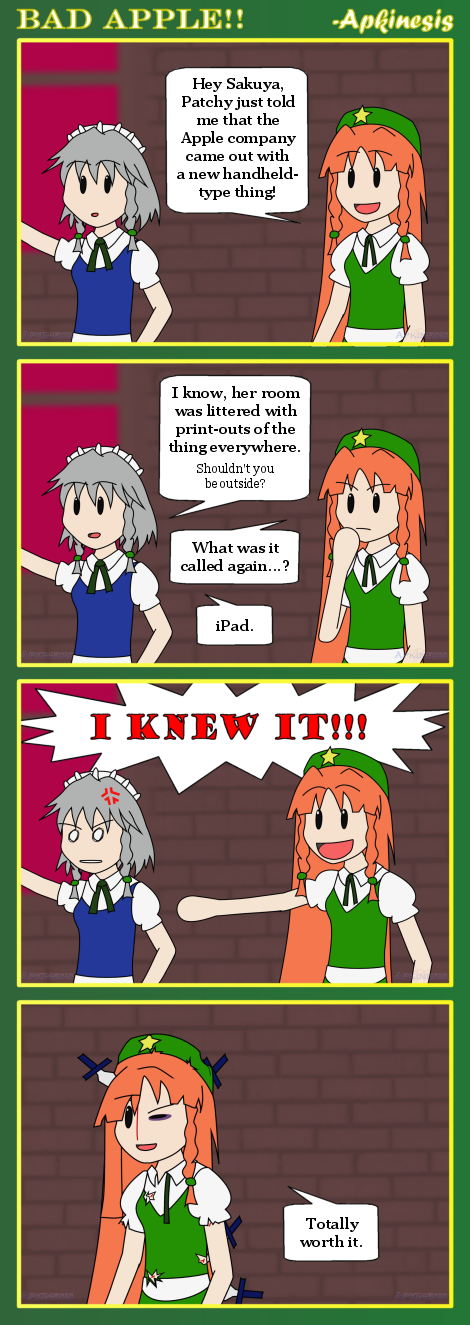4koma :d :o anger_vein angry apkinesis blood comic english hat highres hong_meiling injury izayoi_sakuya knife knifed maid maid_headdress multiple_girls o_o open_mouth red_hair silver_hair smile star torn_clothes touhou