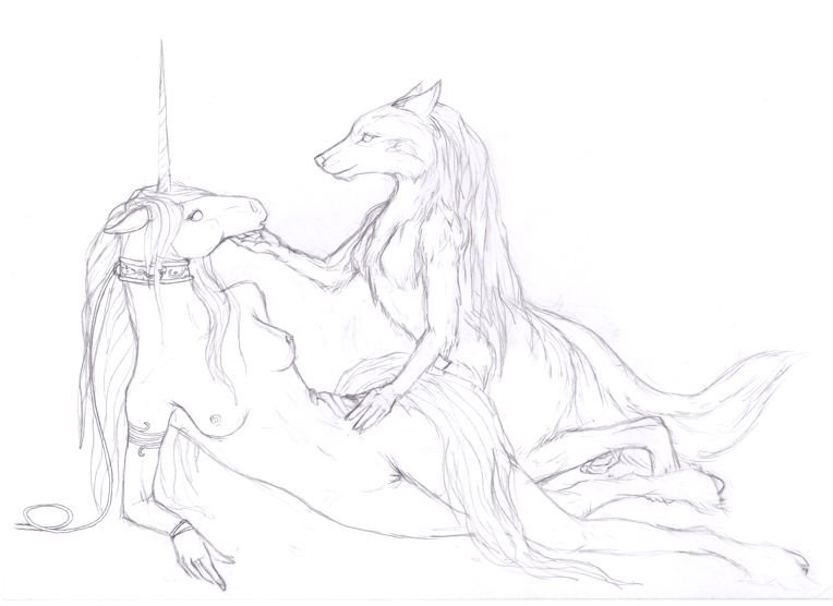 black_and_white breasts canine collar couple equine female hooves horse lightstep monochrome nude pussy sketch unicorn wolf
