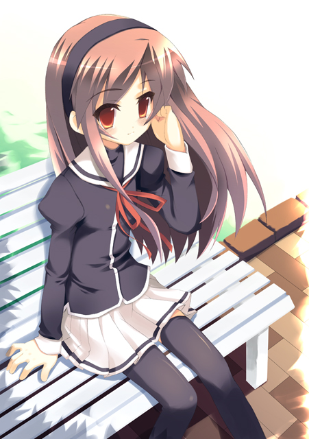 bench black_legwear brown_hair copyright_request flat_chest hairband meito_(maze) red_eyes school_uniform smile solo thighhighs
