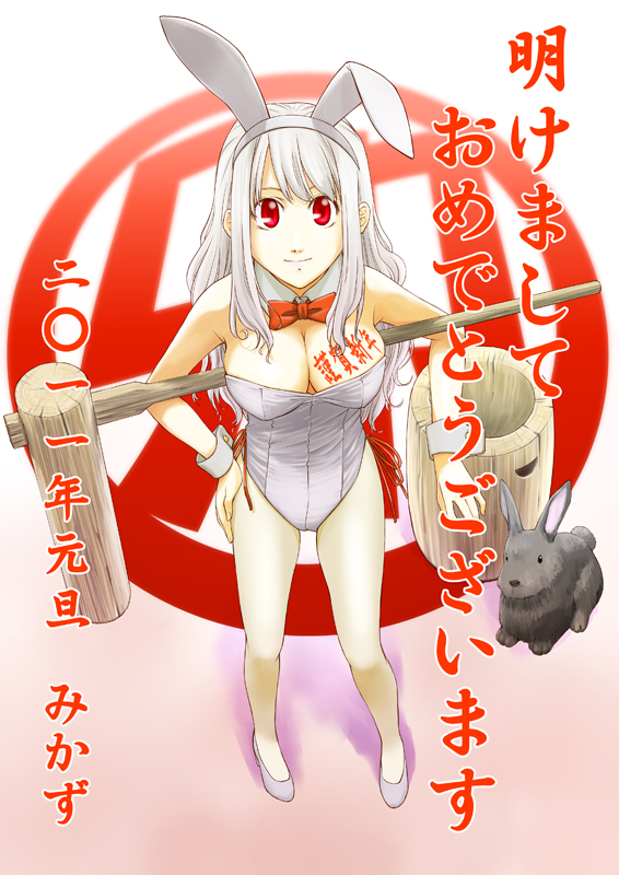 2011 alternate_color animal_ears breasts bunny bunny_ears bunnysuit cleavage kine large_breasts long_hair looking_up mallet original pantyhose pestle red_eyes satsuki_mikazu solo white_hair wrist_cuffs