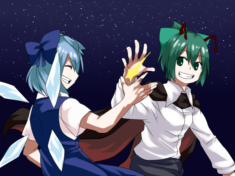 ^_^ alternate_hairstyle antennae bangs blue_bow blue_dress blue_hair bow cirno closed_eyes collared_shirt dress eyebrows_visible_through_hair fingernails friends green_bow green_eyes green_hair grin hair_between_eyes hair_bow high_five ice ice_wings long_sleeves madara_hato multiple_girls night night_sky shirt short_hair short_sleeves sky smile star_(sky) starry_sky touhou white_shirt wings wriggle_nightbug