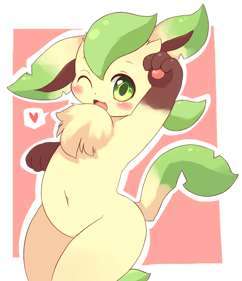 &hearts; blush chest_tuft cute eeveelution fur green_eyes leaf_tail leafeon mcdonnell-douglas navel nintendo one_eye_closed pok&#233;mon pok&eacute;mon solo tail tongue tuft video_games wink