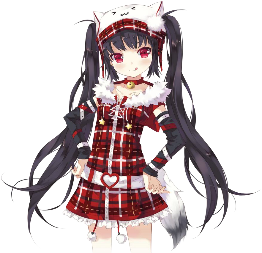 &gt;_&lt; :q bell bell_collar belt black_hair christmas closed_eyes collar detached_sleeves dress fur_trim hands_on_hips hat hat_with_ears jingle_bell kooh long_hair nyanya pangya red_eyes solo tail tongue tongue_out twintails very_long_hair