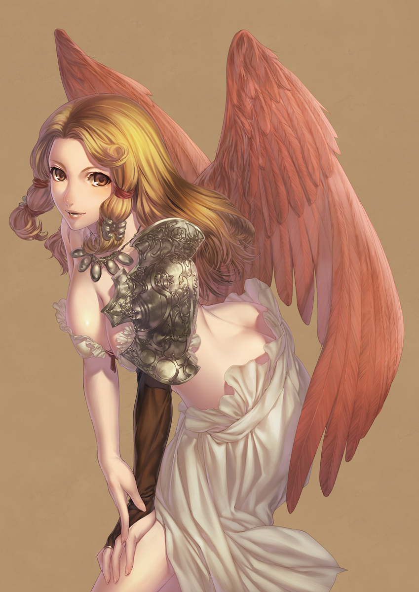 arm_support asymmetrical_clothes back bad_id bad_pixiv_id blonde_hair breasts bridal_gauntlets cleavage highres iuria_wolph jewelry leaning_forward long_hair medium_breasts necklace red_wings simosi solo tactics_ogre wings yellow_eyes