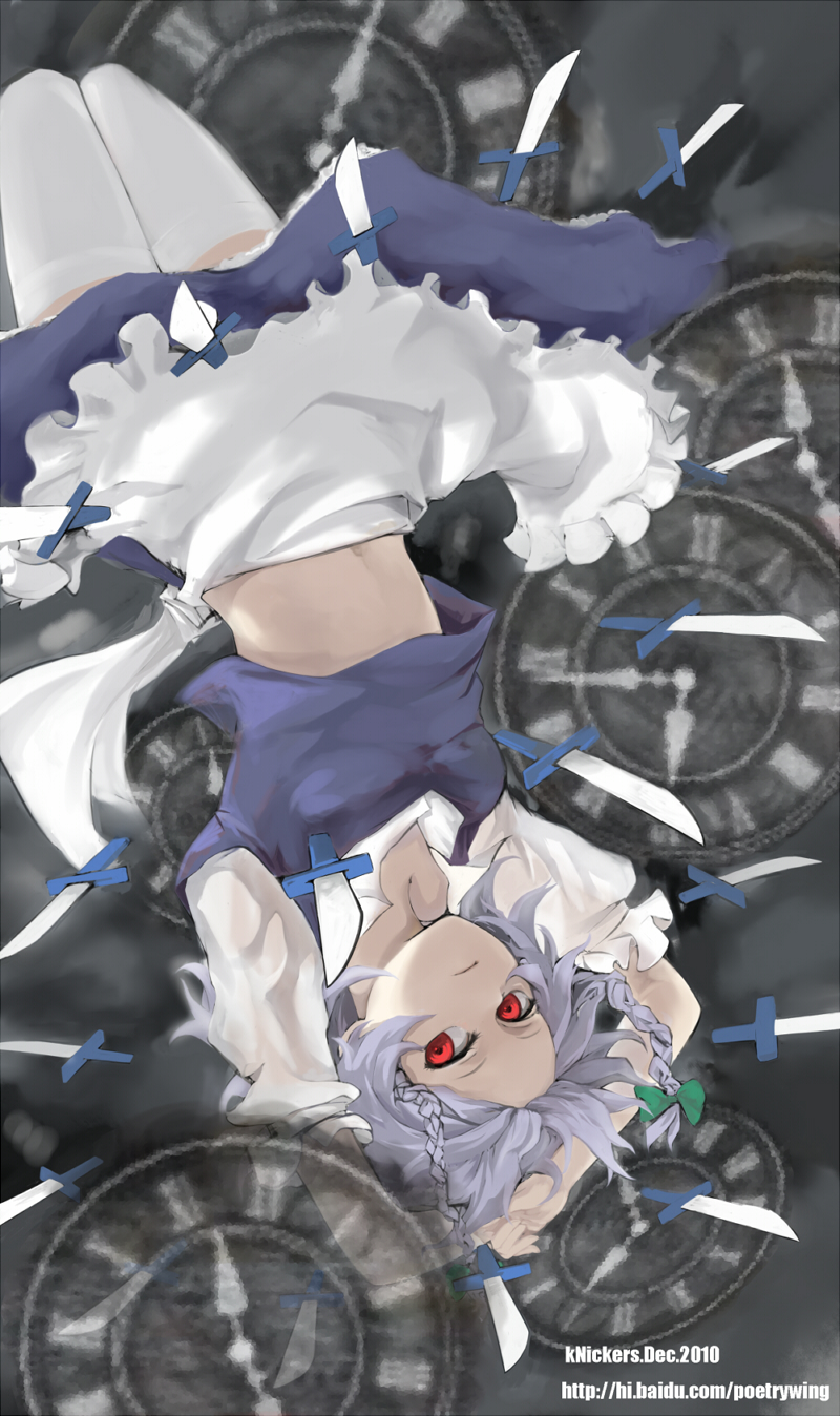 arms_up braid clock frown highres izayoi_sakuya knife maid maid_headdress midriff poetrywing red_eyes short_hair silver_hair solo touhou twin_braids upside-down