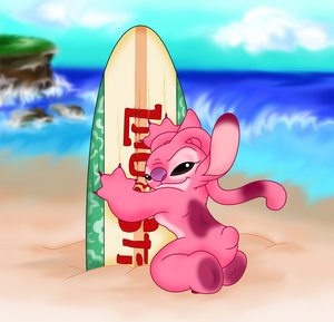 beach female lilo_and_stitch low_res seaside solo surfboard water