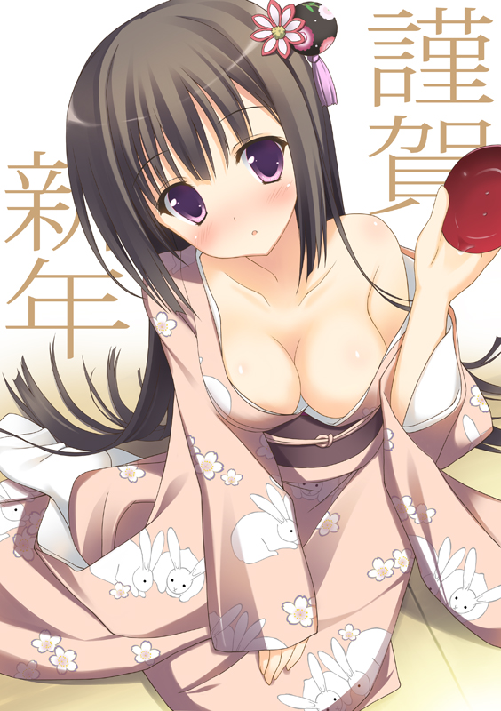 black_hair breasts bunny cleavage copyright_request downblouse furisode hair_ornament japanese_clothes kimono large_breasts long_hair nengajou new_year purple_eyes saeki_nao solo