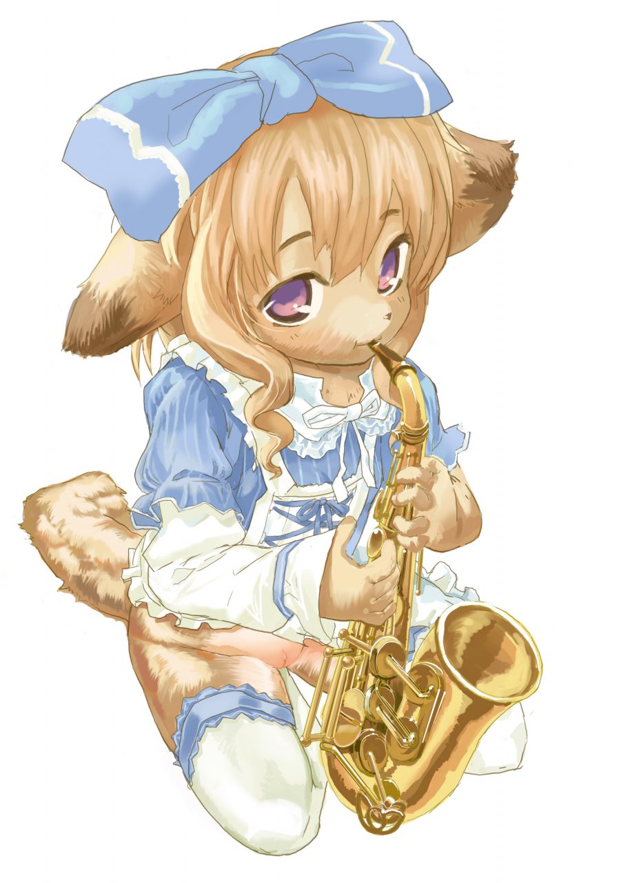 bow_tie canine cub dog female mammal musical_instrument plain_background purple_eyes pussy saxophone solo tayuta_yuu white_background young