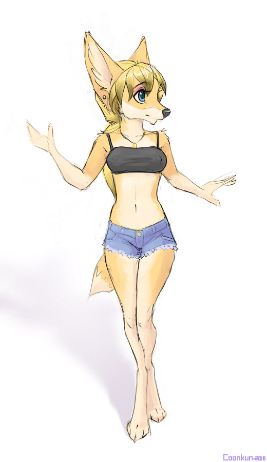 belly blonde_hair blue_eyes canine clothing coonkun cub ear_piercing earring female fox hair jewelry kelseyfox makeup midriff navel necklace nipples petite piercing ponytail pose short_shorts solo tail tube_top wave white_background