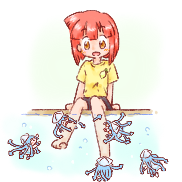 aizawa_eiko barefoot brown_eyes fish_pedicure ikamusume mini-ikamusume minigirl multiple_girls red_hair sakaguchi_misaki shinryaku!_ikamusume shirt soaking_feet t-shirt tentacle_hair water