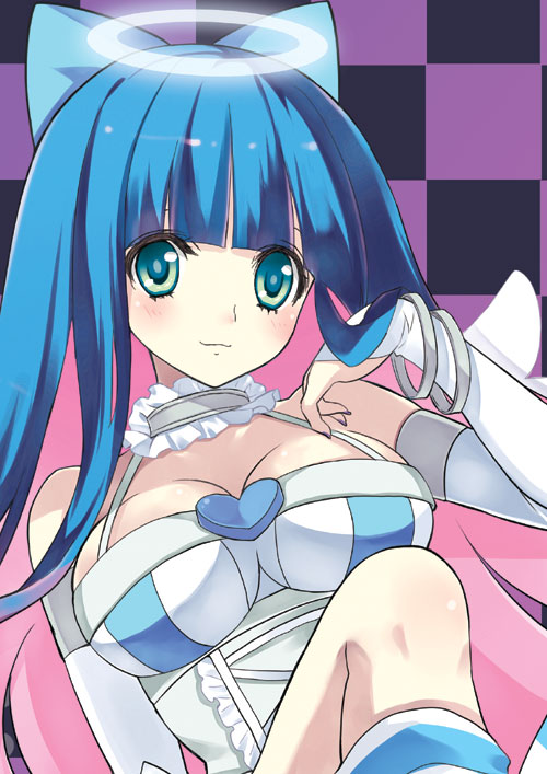 blue_hair breasts choker cleavage green_eyes halo jpeg_artifacts large_breasts long_hair multicolored_hair panty_&amp;_stocking_with_garterbelt pink_hair smile solo stocking_(psg) two-tone_hair yukiwo
