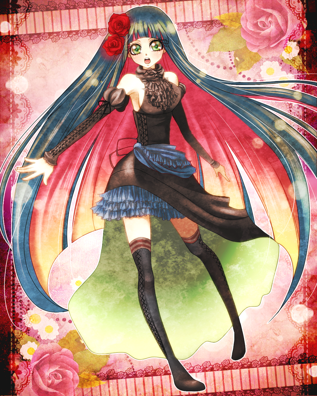 bad_id bad_pixiv_id dress flower green_eyes hair_flower hair_ornament highres kinoto_3 long_hair multicolored_hair panty_&amp;_stocking_with_garterbelt solo stocking_(psg) thighhighs two-tone_hair