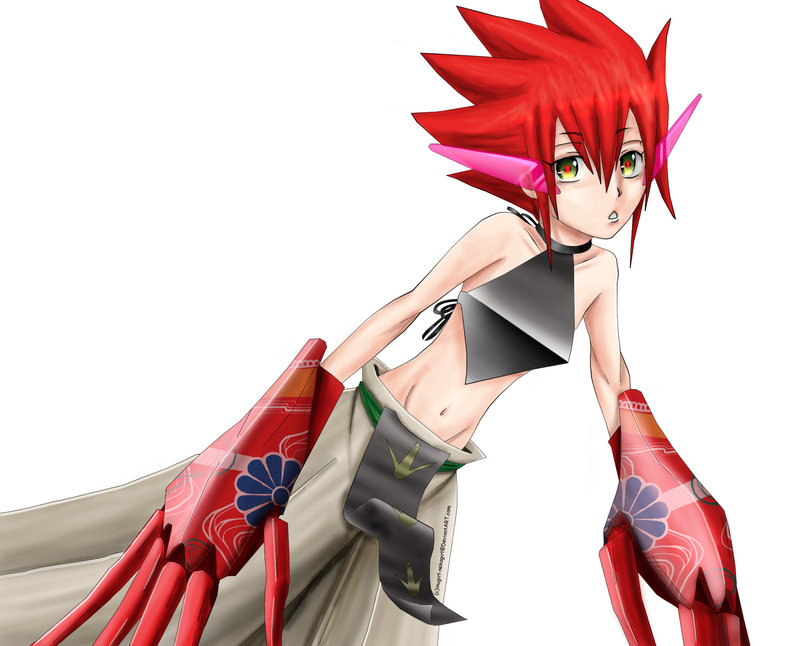 green_eyes halter_top halterneck karakuridoji_ultimo male male_focus midriff poorly_drawn red_hair simple_background solo spiked_hair spiky_hair ultimo white_background