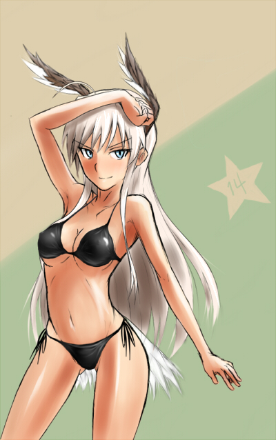 arm_up bad_id bad_pixiv_id bikini blonde_hair blue_eyes breasts cleavage covered_nipples hanna-justina_marseille head_wings long_hair looking_at_viewer medium_breasts navel shiny shiny_skin side-tie_bikini smile solo strike_witches swimsuit tail ulrich_(tagaragakuin) world_witches_series
