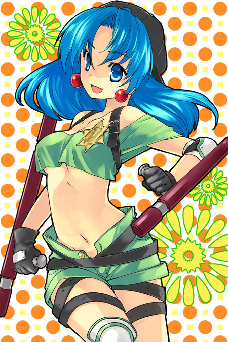 90s :d akr_et bad_id bad_pixiv_id bare_shoulders belt blue_eyes blue_hair crop_top earrings gloves hat hexagram jewelry light_smile long_hair midriff navel off_shoulder open_fly open_mouth polka_dot polka_dot_background shorts smile solo star thigh_strap tonfa toushinden tracy_(toushinden) unzipped weapon