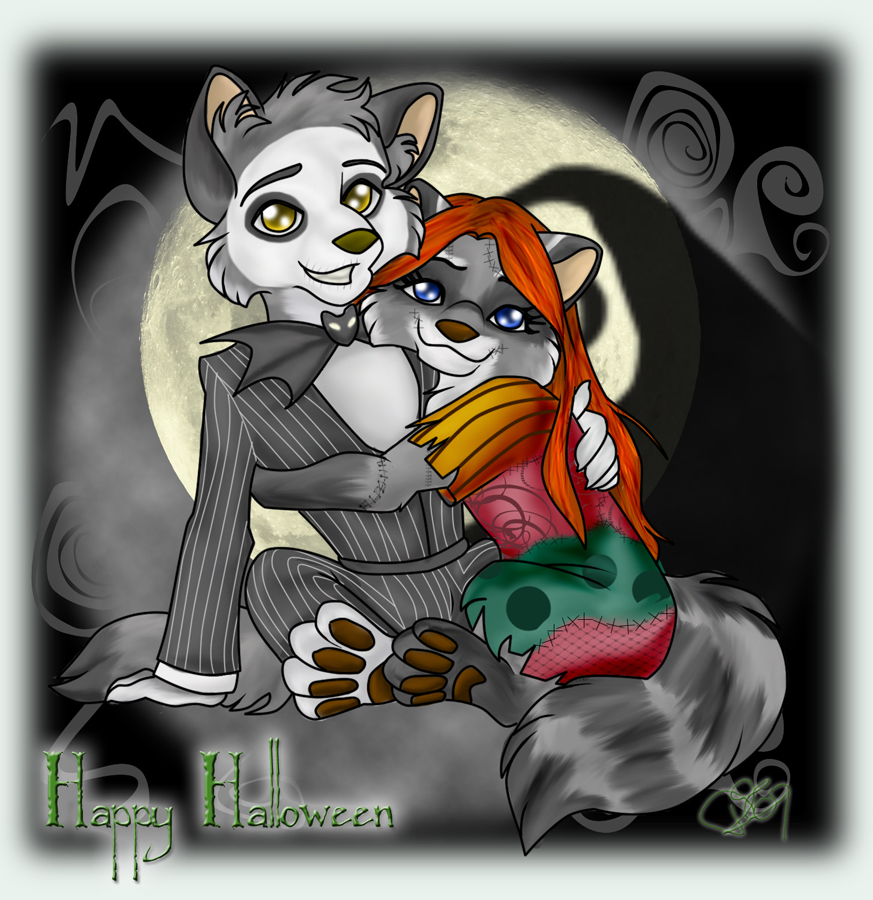 blue_eyes bow_tie brown_hair canine cosplay cuddle cuddling duo female glitterwing hair halloween holidays male malkil mammal moon nightmare_before_christmas raccoon stitches straight the_nightmare_before_christmas wolf yellow_eyes