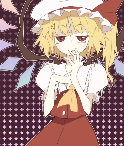 bad_id bad_pixiv_id flandre_scarlet hand_to_own_mouth maronii red_eyes smile solo touhou