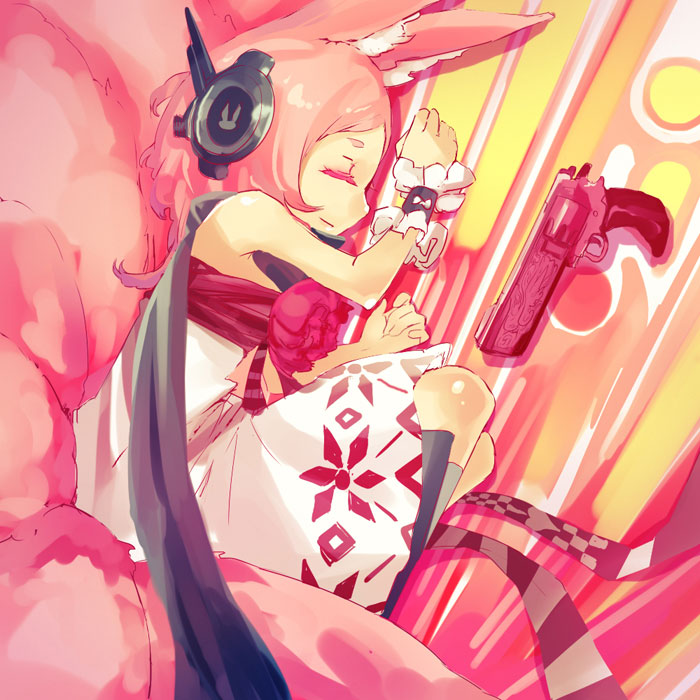 animal_ears bad_id bad_pixiv_id dress gun headphones lying ochakai_shin'ya original solo weapon