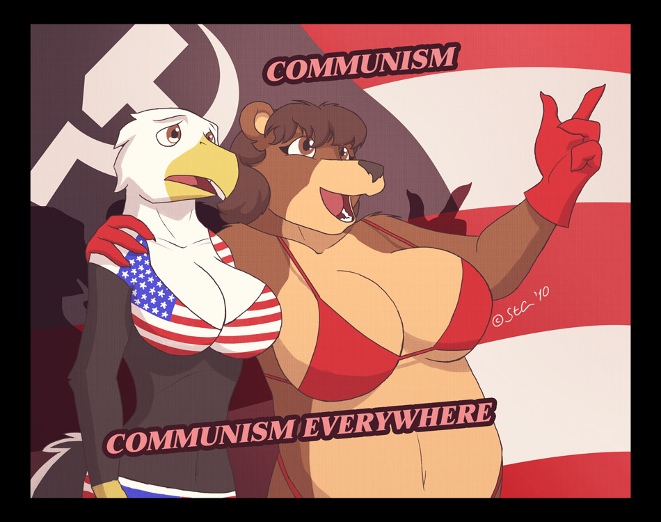 america american anthro avian bald_eagle bear big_breasts bikini bird breasts clothed clothing communism couple debate_fuel duo eagle fat female gloves hammer_and_sickle huge_breasts jane_(spotty_the_cheetah) mammal natasha_(spotty_the_cheetah) overweight russia skimpy soviet soviet_union spotty_the_cheetah swimsuit tight_clothing