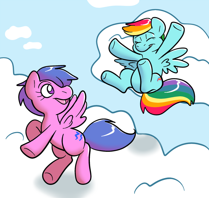 blue blue_fur cloud clouds cutie_mark duo equine eyes_closed female feral firefly_(mlp) flying friendship_is_magic fur hair happy hooves horse laughter mammal multi-colored_hair my_little_pony open_mouth pegasus pink pink_fur pony purple_eyes purple_hair rainbow_dash_(mlp) rainbow_hair sky smile technicolor_pie tongue two_tone_hair wings