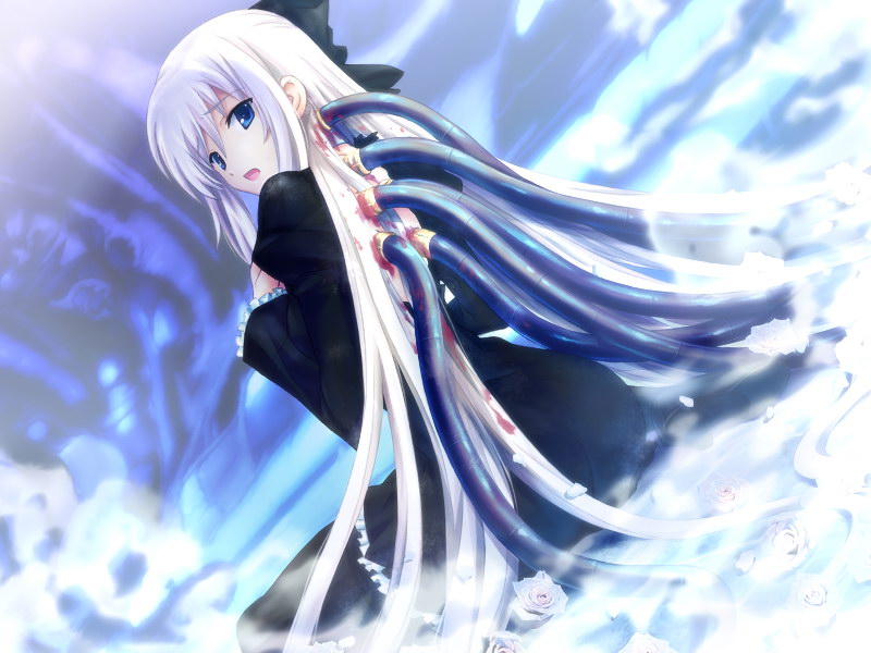 alivez black_dress blood blue_eyes bow cable dress flower frills game_cg hair_bow long_hair looking_back mutsumi_masato open_mouth rose solo takekawa_ibara thighhighs very_long_hair white_flower white_hair white_rose
