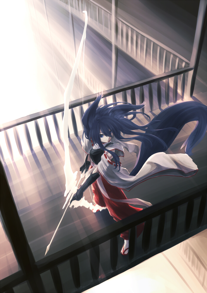animal_ears arrow blue_eyes blue_hair bow_(weapon) detached_sleeves floating_hair from_above garuku japanese_clothes long_hair miko original solo standing tail weapon